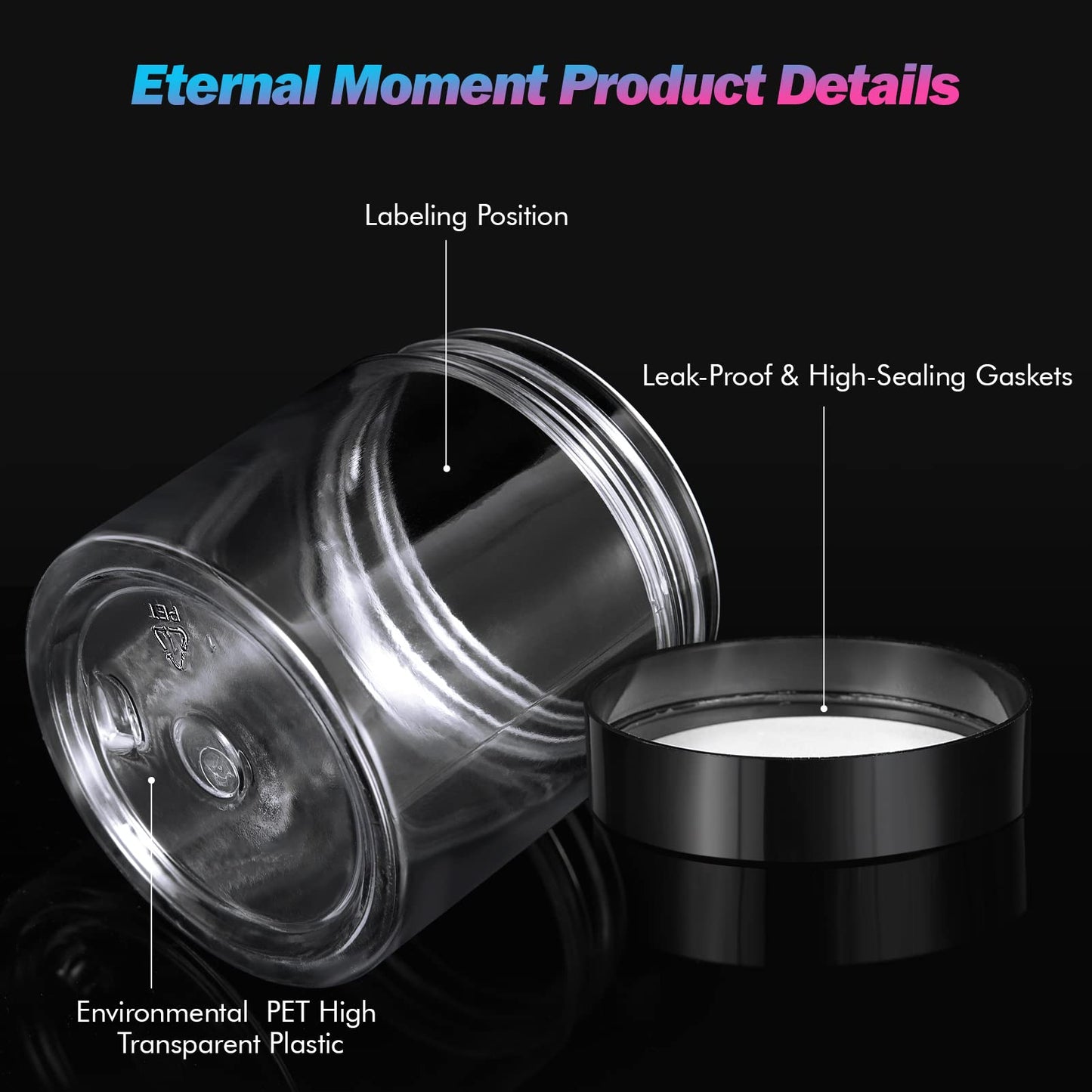 Eternal Moment 50-Pack 4oz Clear Jars with Black Lids – Leakproof Cosmetic Containers for Travel, Slime, and Samples