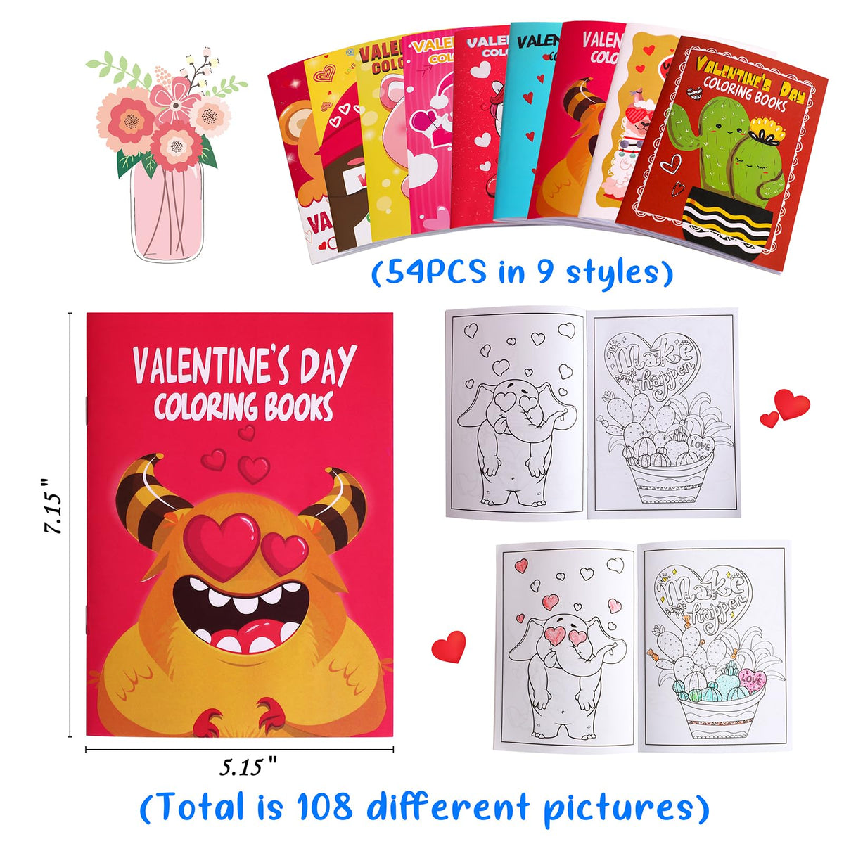 Eternity Sky 54PCS Valentines Coloring Book for Kids | Classroom Activities & Party Favors