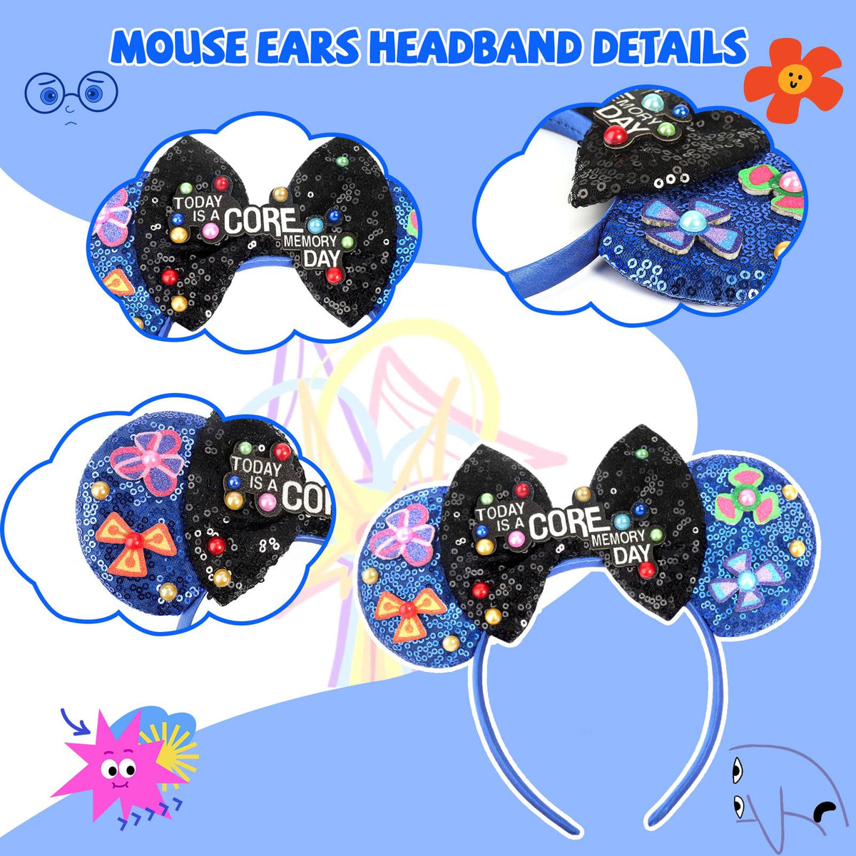 ETLUK Mouse Ears Headband – Blue Sequin Bow for Women and Girls | Cosplay, Parks & Parties