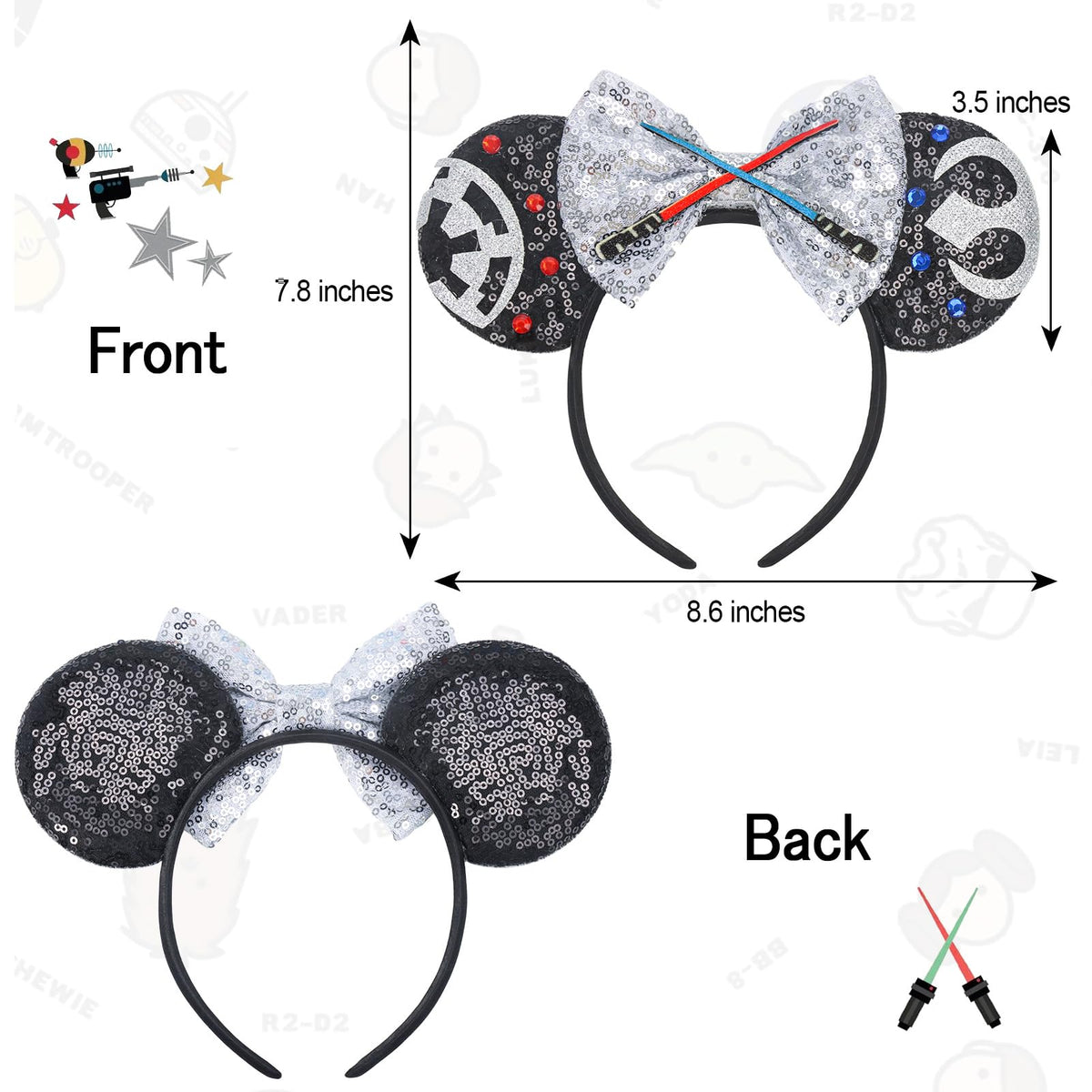 ETLUK Mouse Ears Headband – Sequin Star Ears, Sparkling Bow & Lightsaber Design for Cosplay & Parties