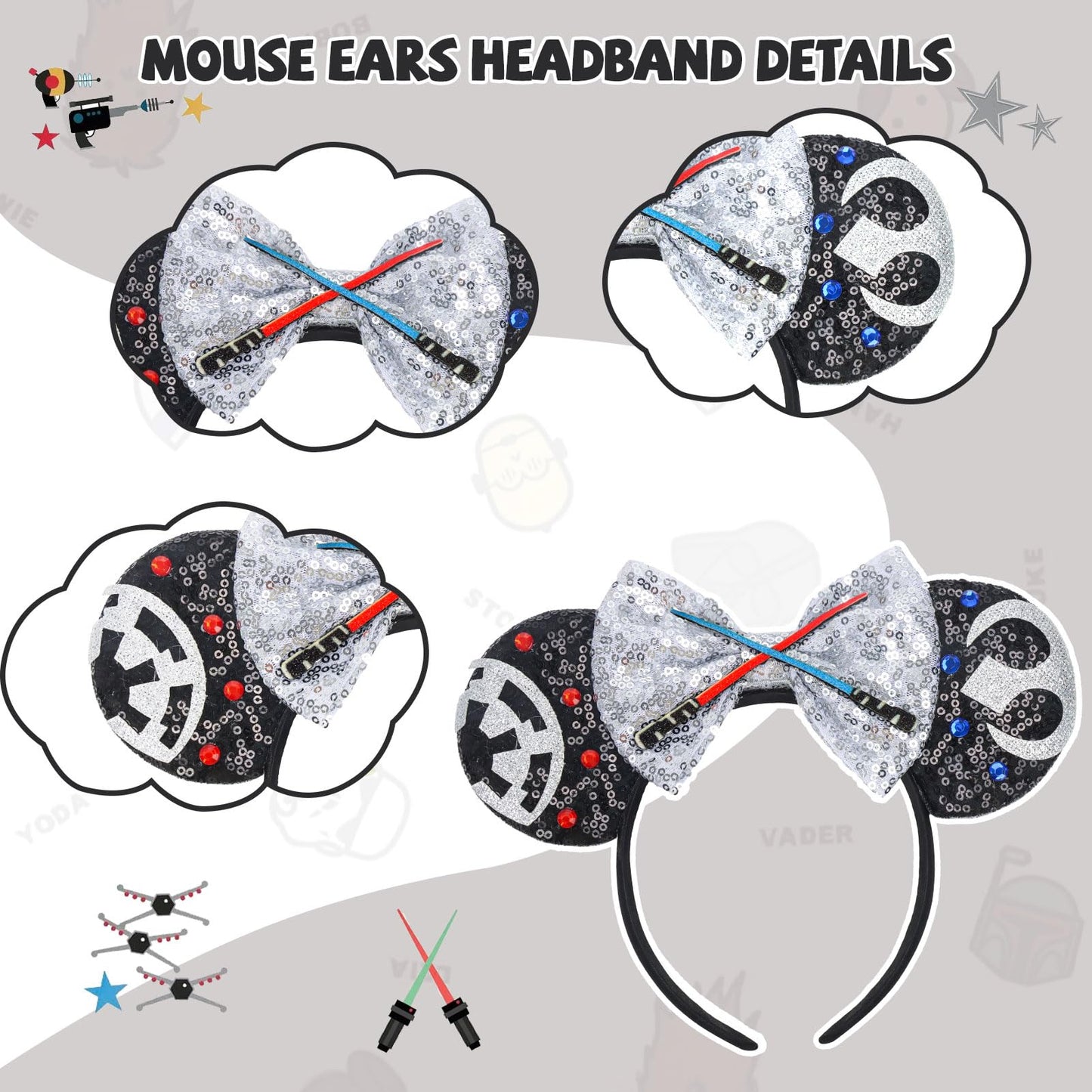ETLUK Mouse Ears Headband – Sequin Star Ears, Sparkling Bow & Lightsaber Design for Cosplay & Parties