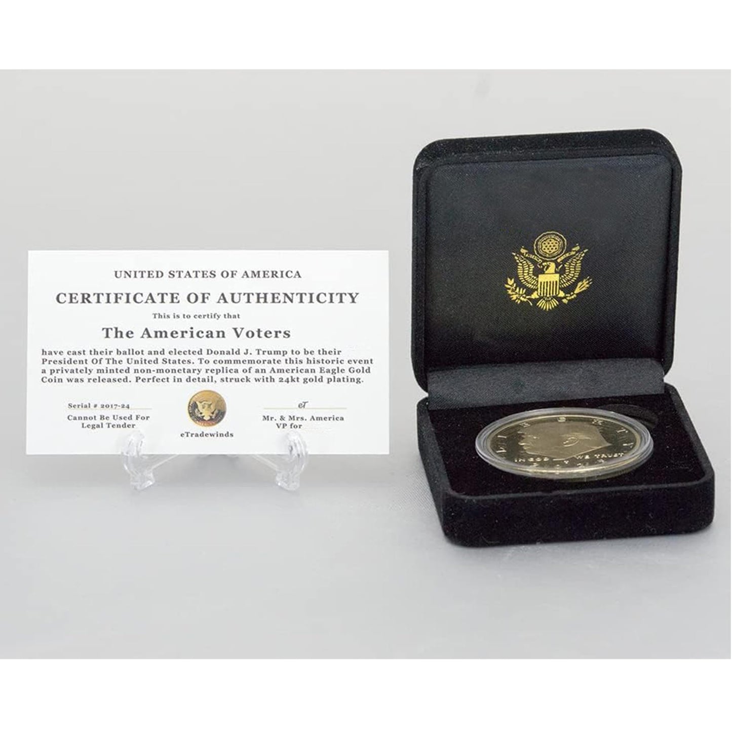 eTradewinds Donald J. Trump 2025 Liberty Eagle Gold Coin – 1oz 24k Plated, Velvet Display Case, COA Included