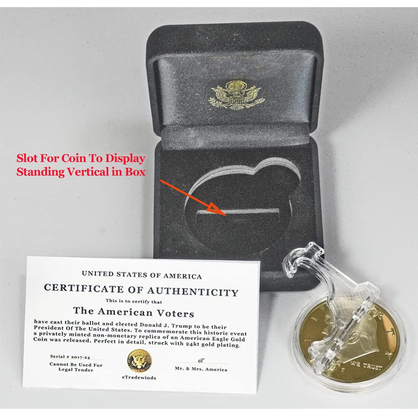 eTradewinds Donald J. Trump 2025 Liberty Eagle Gold Coin – 1oz 24k Plated, Velvet Display Case, COA Included