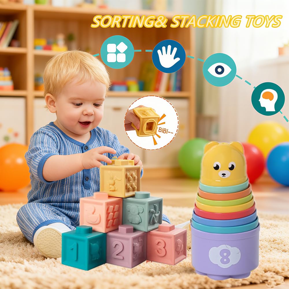 Etyat Baby Toys 6-12 Months – Montessori Silicone Teether, Stacking Blocks & Sensory Set