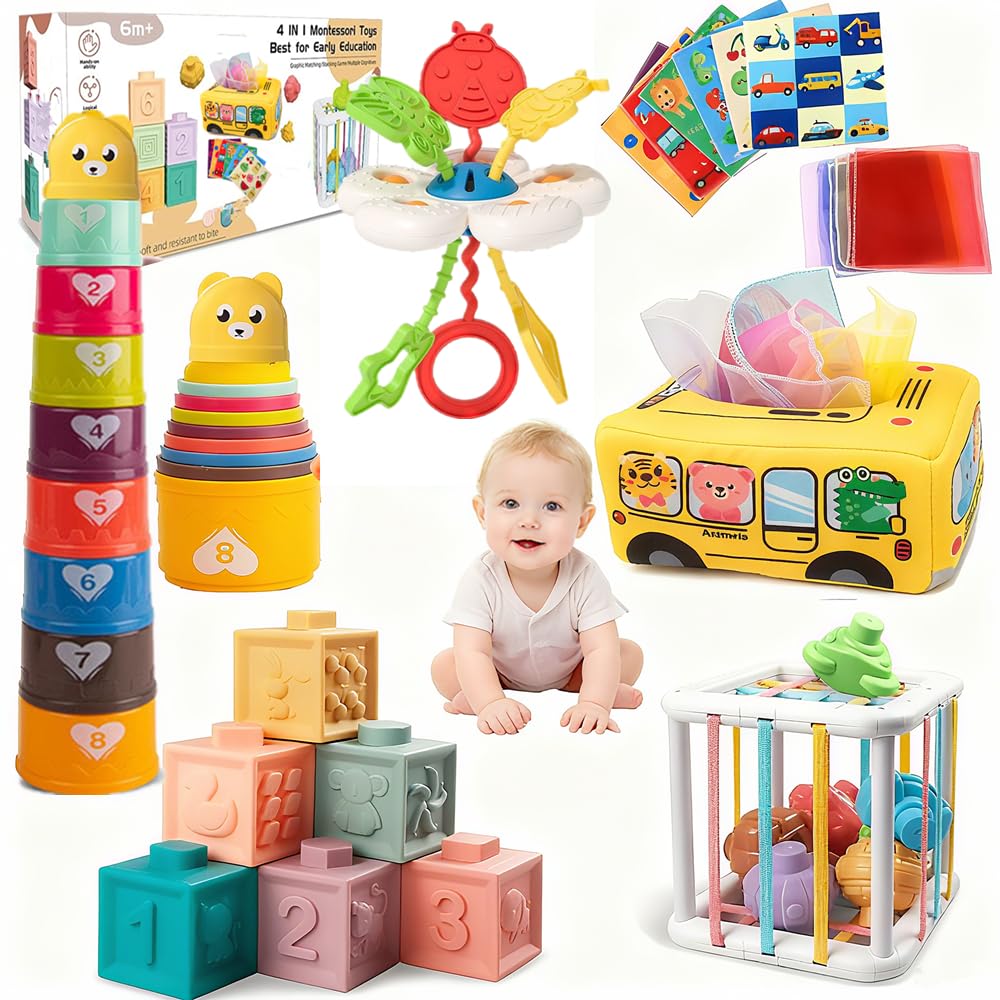 Etyat Baby Toys 6-12 Months – Montessori Silicone Teether, Stacking Blocks & Sensory Set