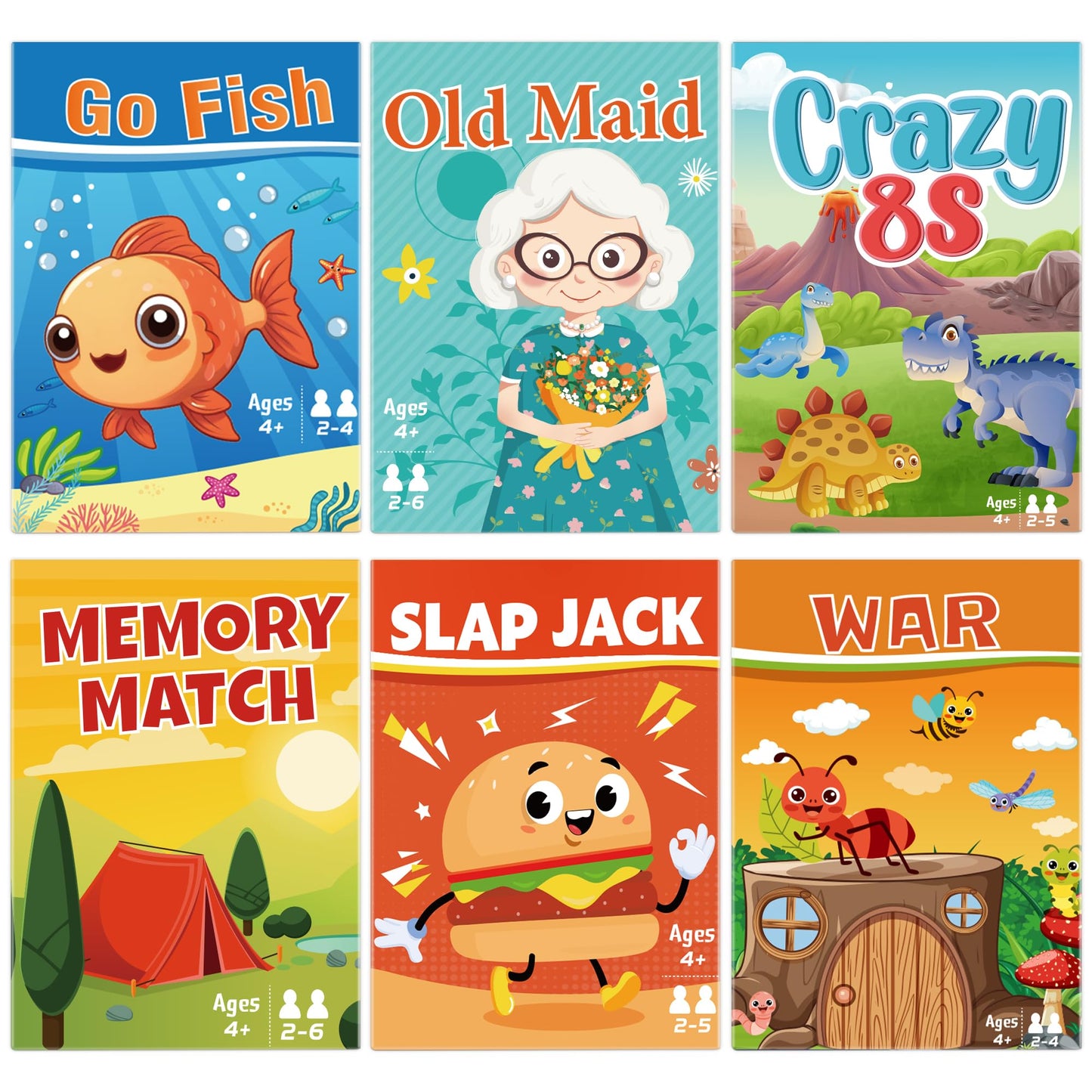 Etyishe 6-in-1 Card Games for Kids | Go Fish, Old Maid, Memory Match, Slap Jack