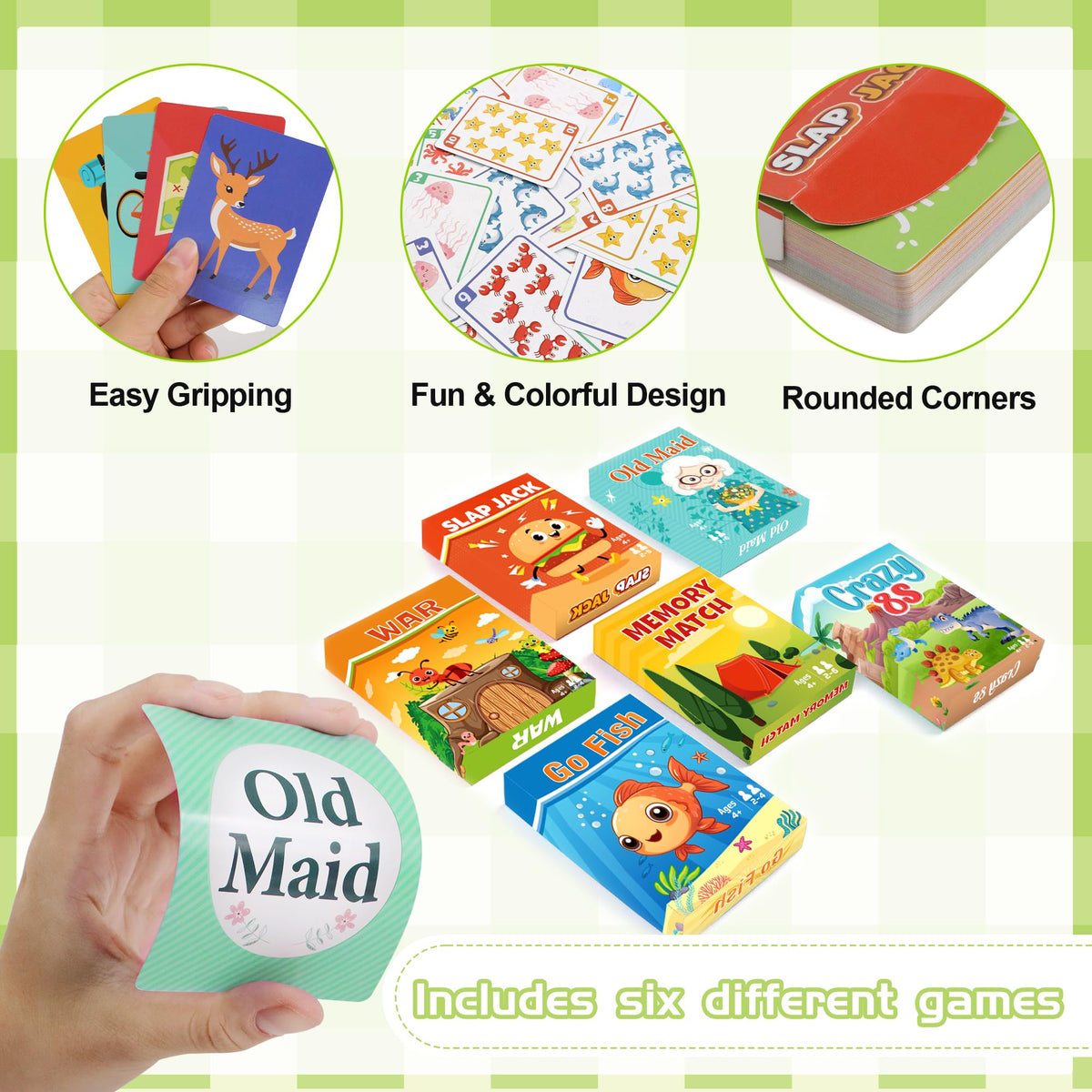Etyishe 6-in-1 Card Games for Kids | Go Fish, Old Maid, Memory Match, Slap Jack