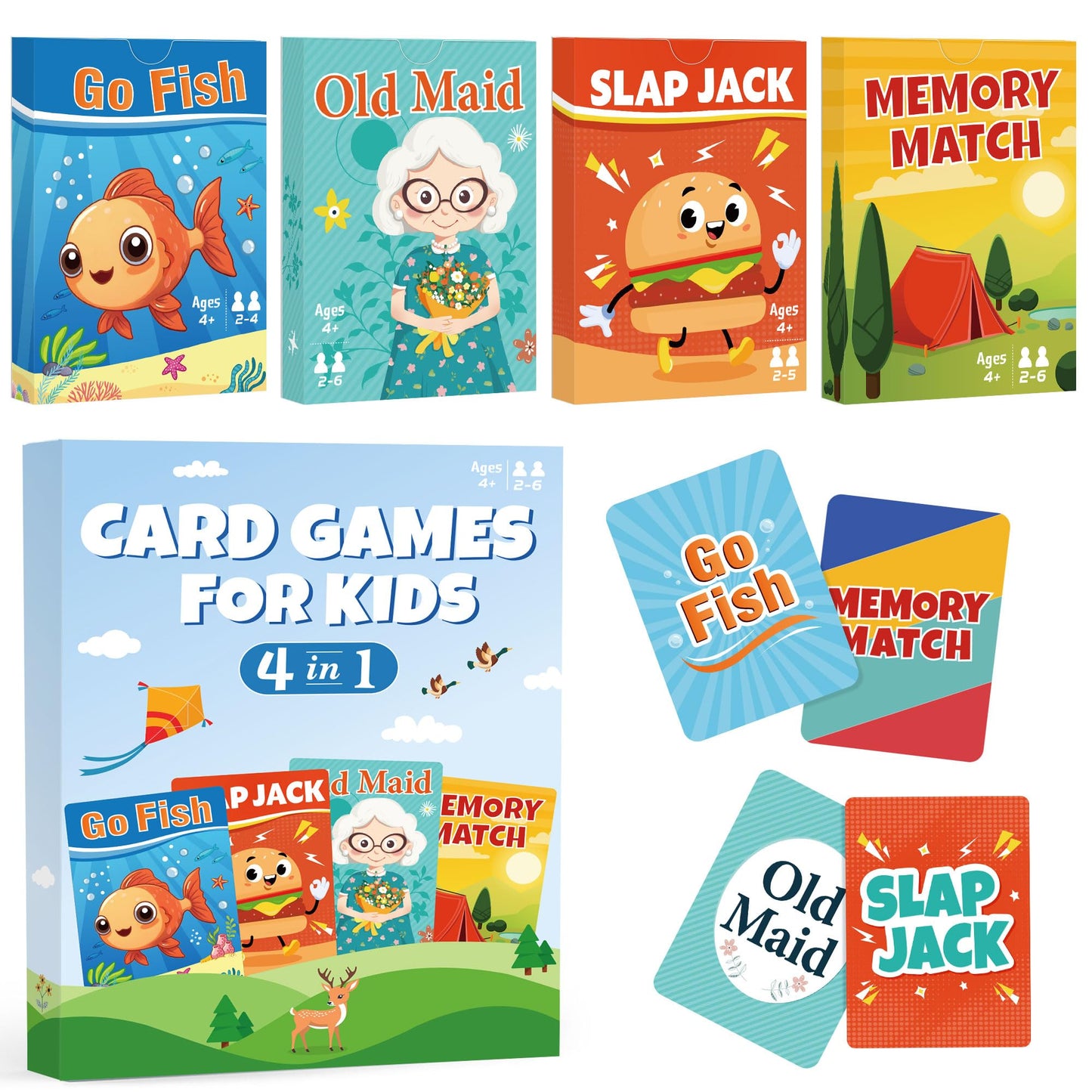 Etyishe 4-in-1 Card Games for Kids | Go Fish, Old Maid, Memory Match, Slap Jack
