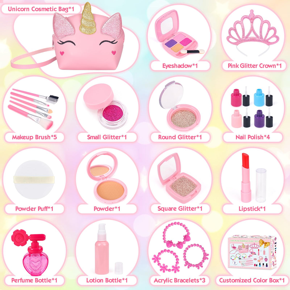 EULRGAUS Pretend Makeup Kit for Kids – Safe, Educational Play Makeup with Unicorn Bag (Age 3+)