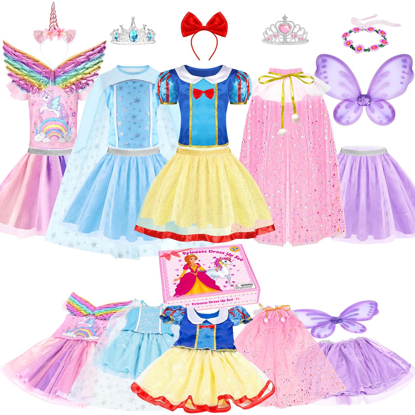 EULRGAUS Princess Dress Up Set for Toddlers – 4 Costumes, Wings & Cape