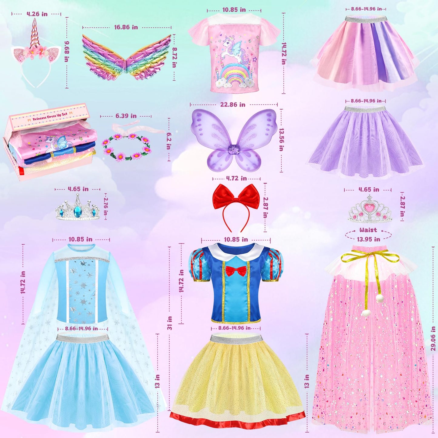 EULRGAUS Princess Dress Up Set for Toddlers – 4 Costumes, Wings & Cape