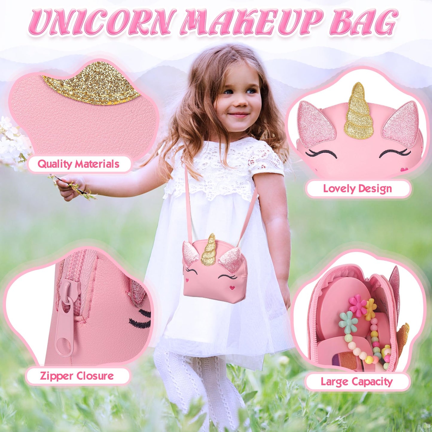 EULRGAUS Pretend Makeup Kit for Kids – Safe, Educational Play Makeup with Unicorn Bag (Age 3+)