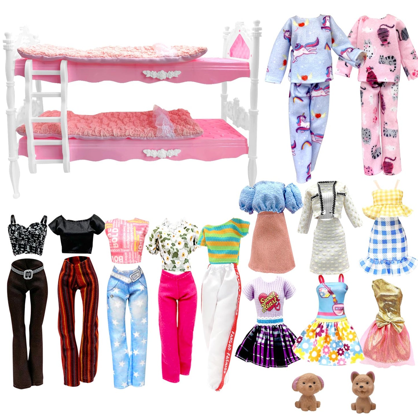 EumbHoa Bedroome Set for 11.5-inch Dolls – Bunk Bed Playset with 6 Outfits, 2 Pajamas, 2 Dresses & 2 Blankets