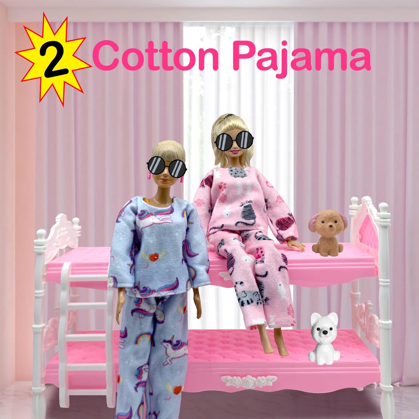 EumbHoa Bedroome Set for 11.5-inch Dolls – Bunk Bed Playset with 6 Outfits, 2 Pajamas, 2 Dresses & 2 Blankets
