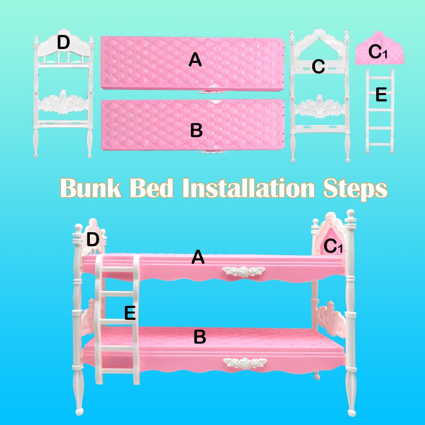EumbHoa Bedroome Set for 11.5-inch Dolls – Bunk Bed Playset with 6 Outfits, 2 Pajamas, 2 Dresses & 2 Blankets