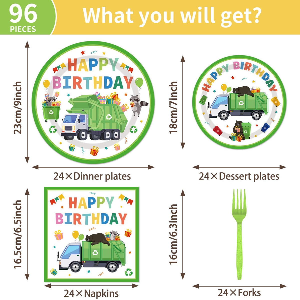 EUOYUFO 96Pcs Trash Truck Party Set — Plates, Napkins & Forks for 24 Guests