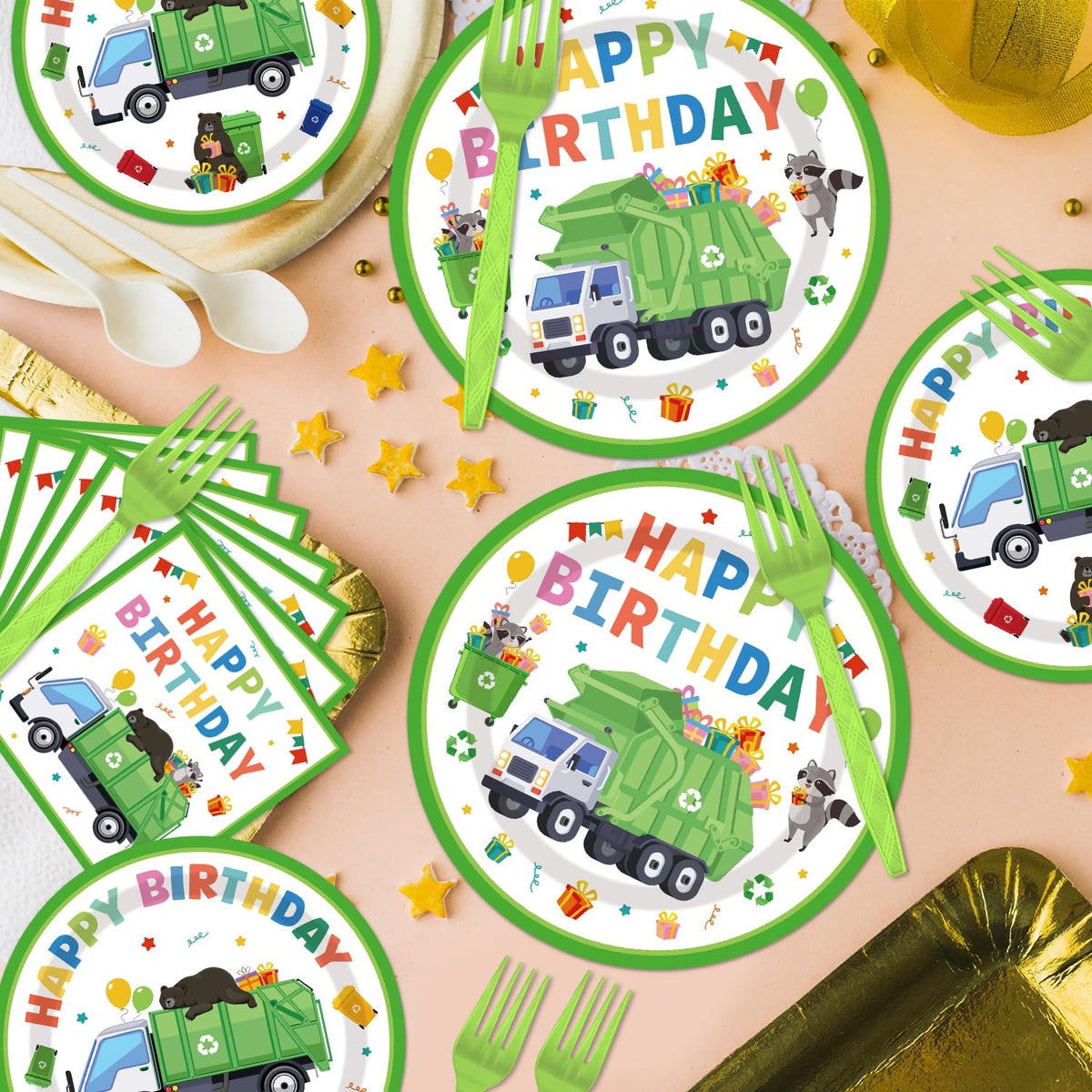 EUOYUFO 96Pcs Trash Truck Party Set — Plates, Napkins & Forks for 24 Guests