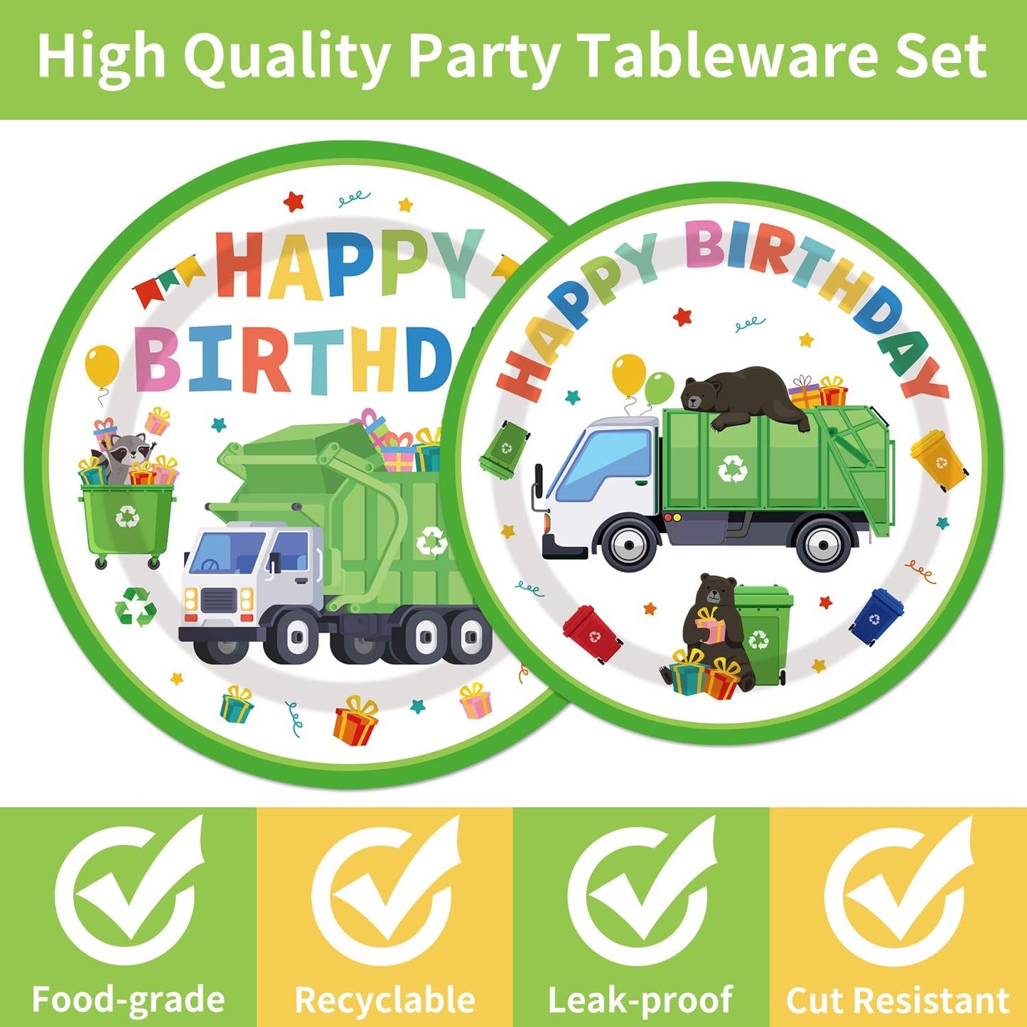 EUOYUFO 96Pcs Trash Truck Party Set — Plates, Napkins & Forks for 24 Guests