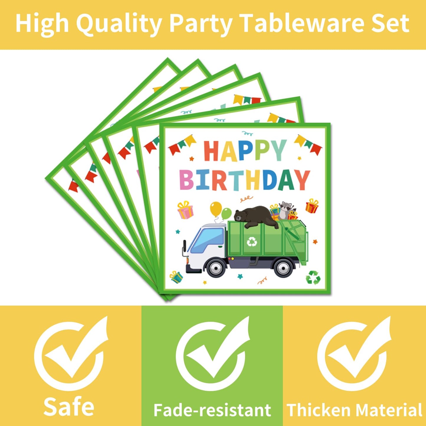 EUOYUFO 96Pcs Trash Truck Party Set — Plates, Napkins & Forks for 24 Guests