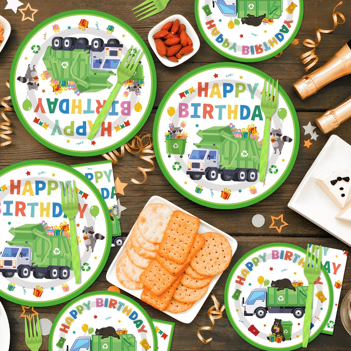 EUOYUFO 96Pcs Trash Truck Party Set — Plates, Napkins & Forks for 24 Guests