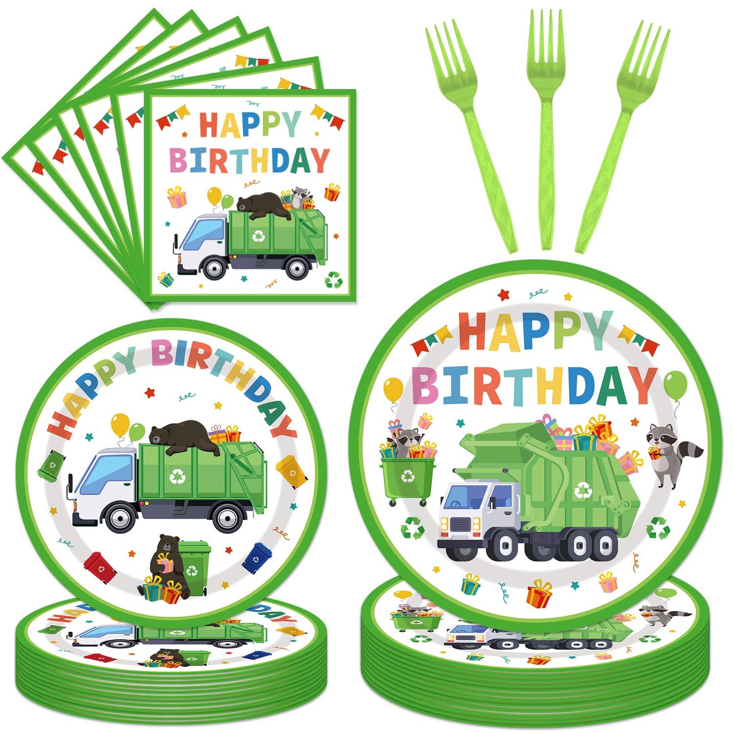 EUOYUFO 96Pcs Trash Truck Party Set — Plates, Napkins & Forks for 24 Guests