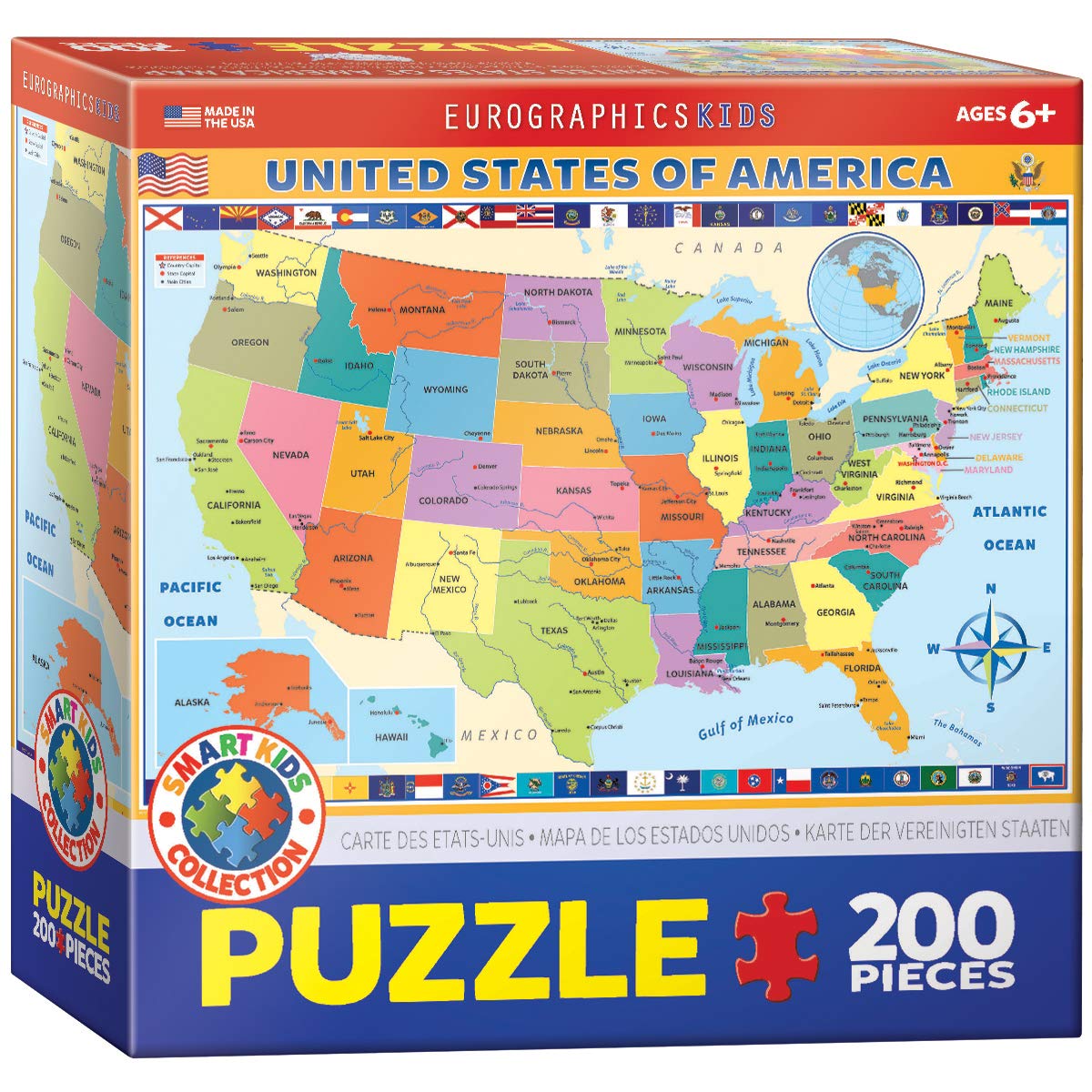 EuroGraphics Map of the United States 200-Piece Jigsaw Puzzle – Educational USA Map with State Capitals