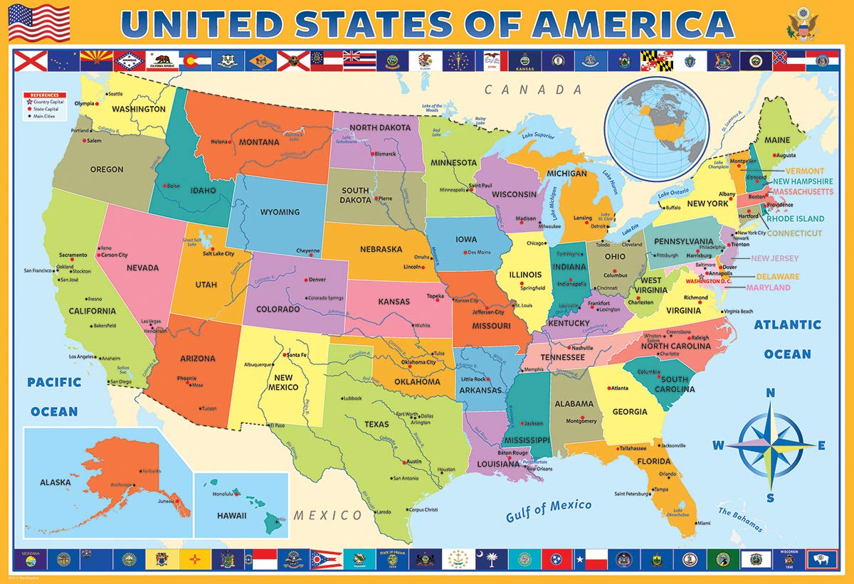 EuroGraphics Map of the United States 200-Piece Jigsaw Puzzle – Educational USA Map with State Capitals