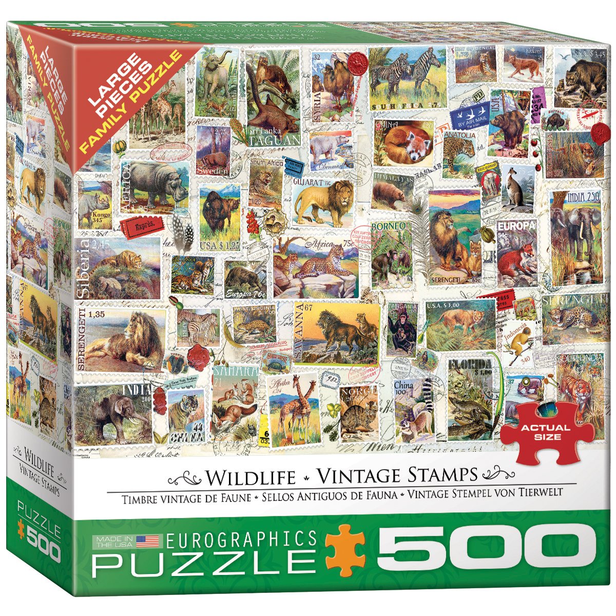 EuroGraphics Wildlife Vintage Stamps 500-Piece Puzzle | USA-Made Jigsaw