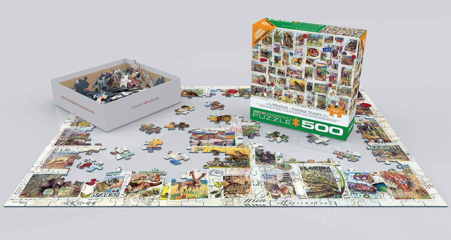 EuroGraphics Wildlife Vintage Stamps 500-Piece Puzzle | USA-Made Jigsaw