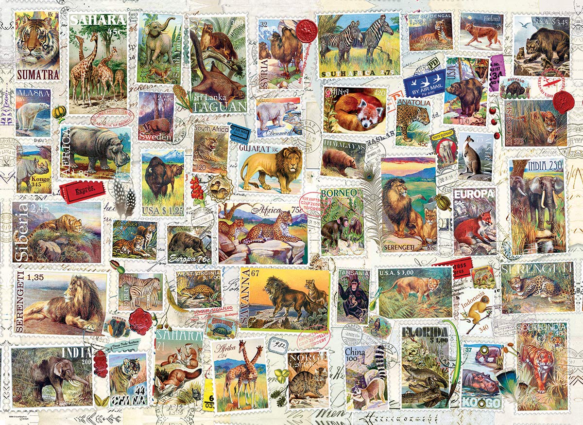 EuroGraphics Wildlife Vintage Stamps 500-Piece Puzzle | USA-Made Jigsaw