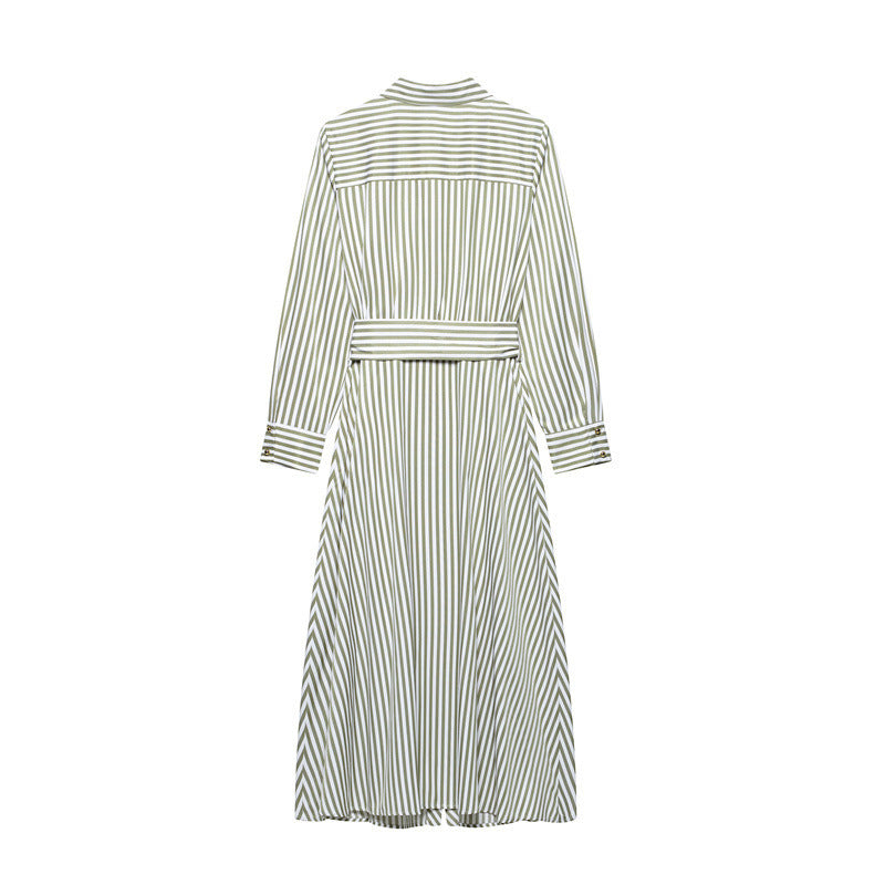 European And American Style Striped Lapel Single Breasted Belt Dress