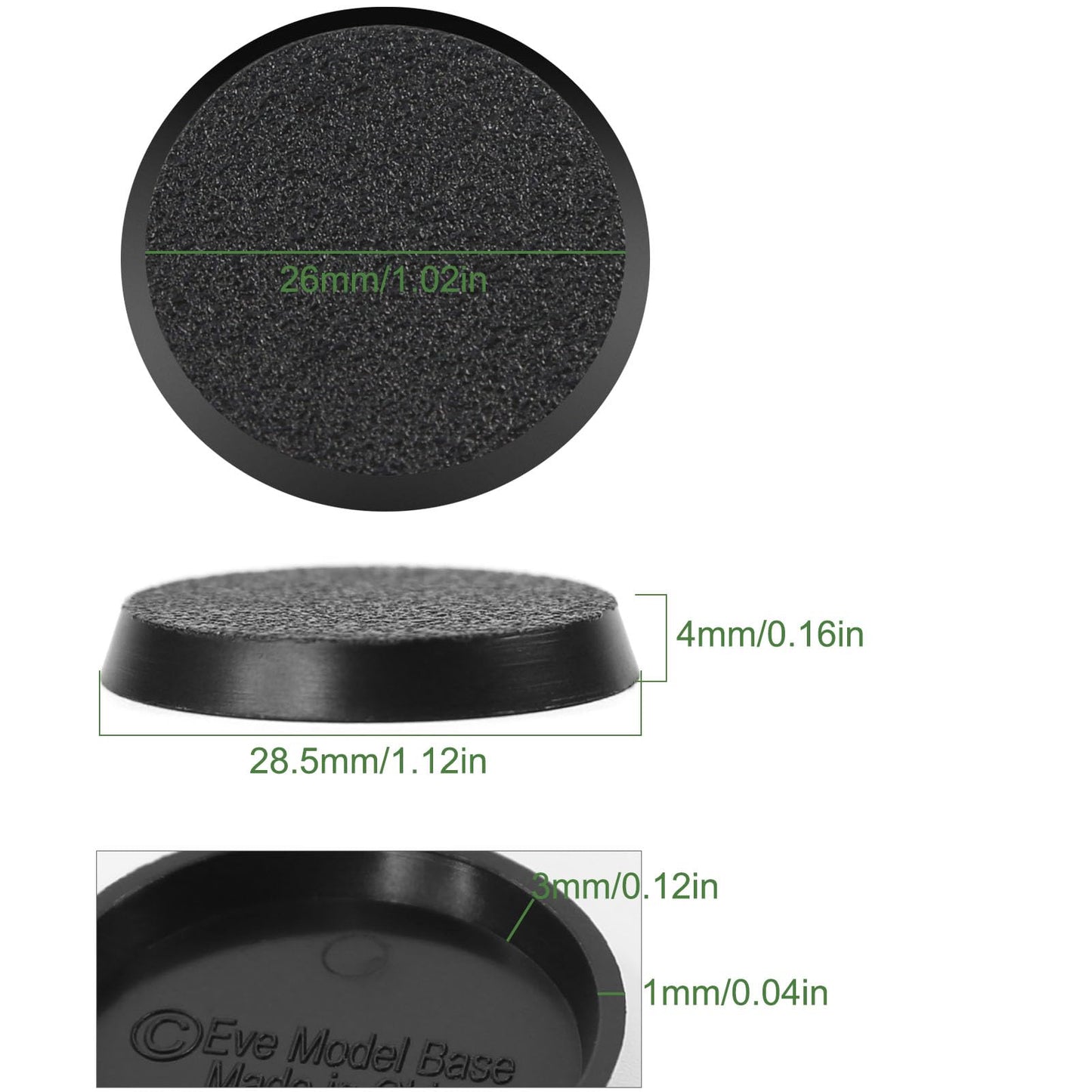 Evemodel 28.5mm Round Bases – Black ABS, 50 Pack for Wargames