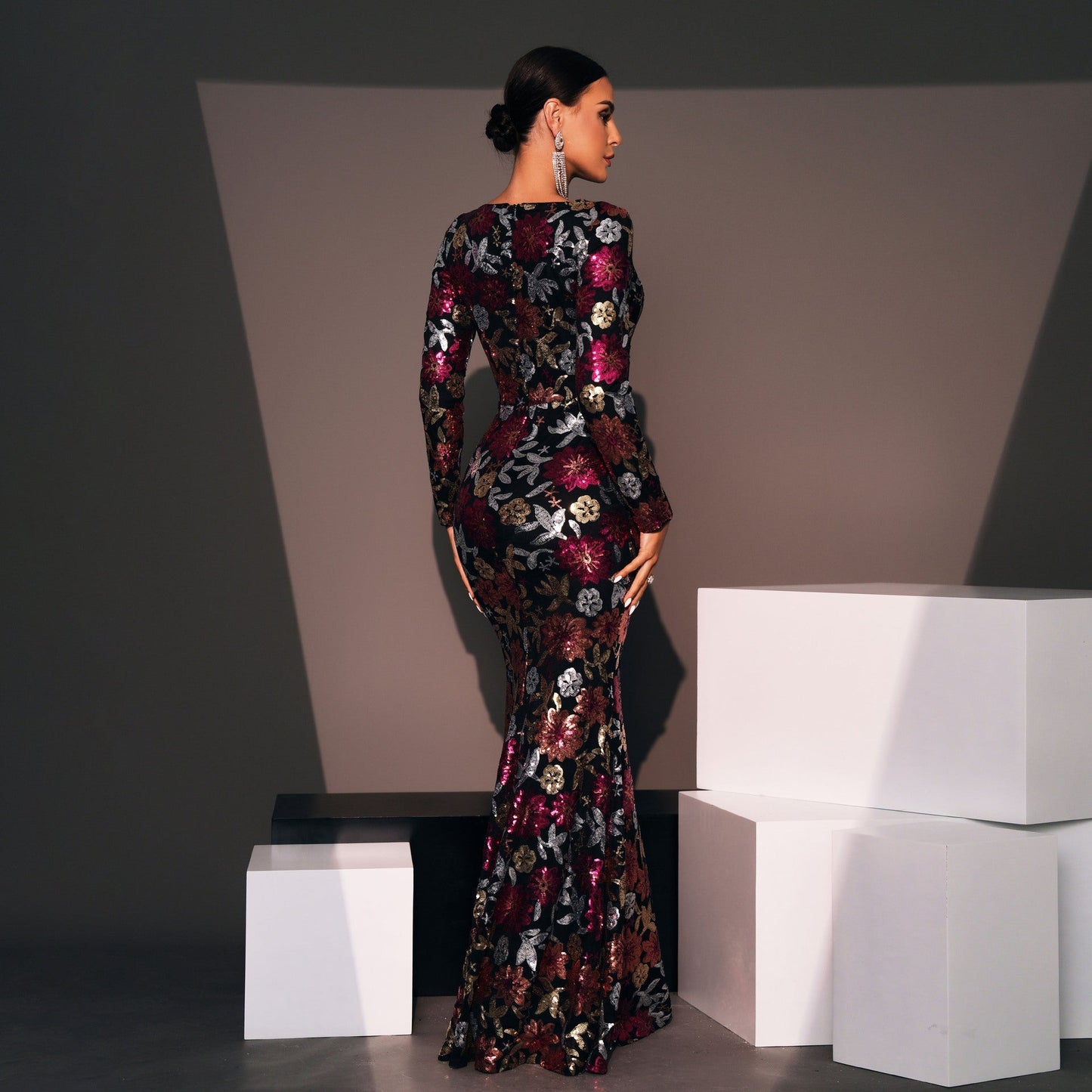 Sequined Long Sleeve Evening Gown