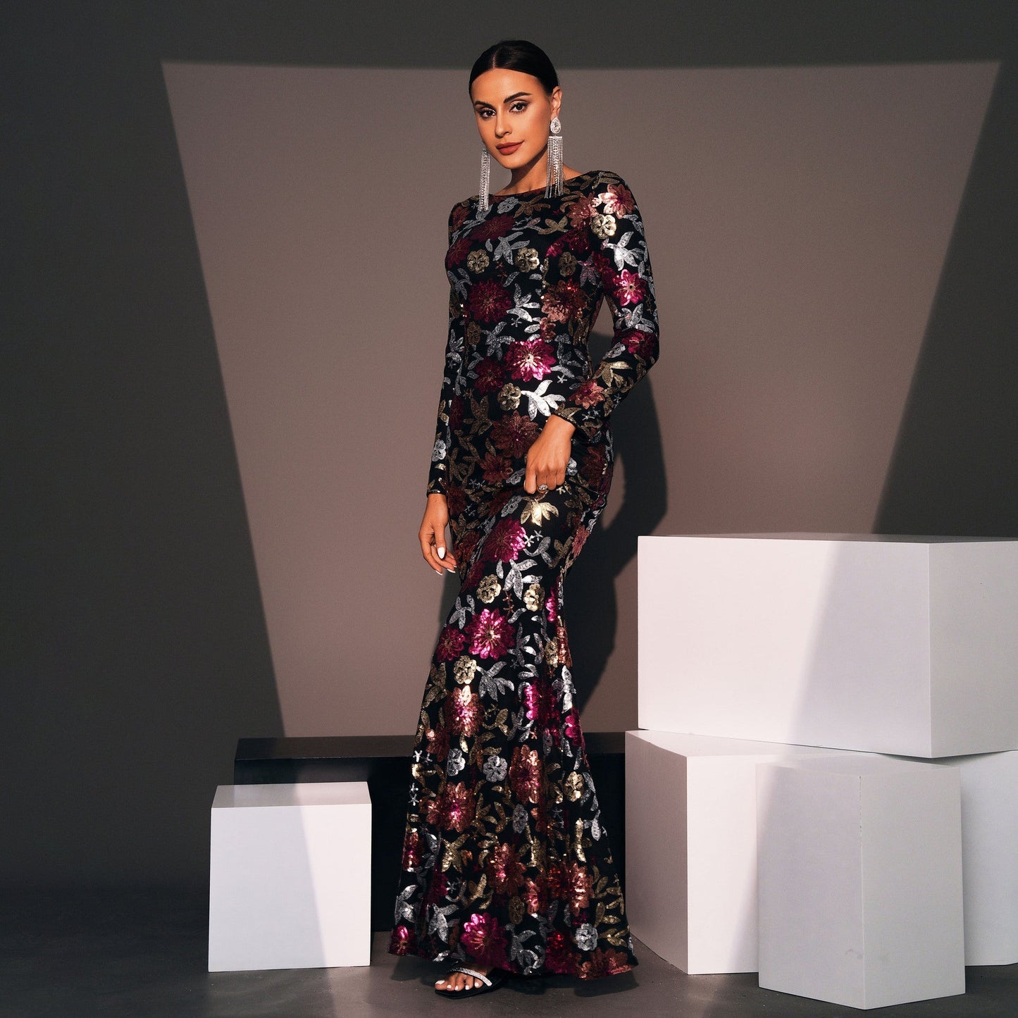 Sequined Long Sleeve Evening Gown