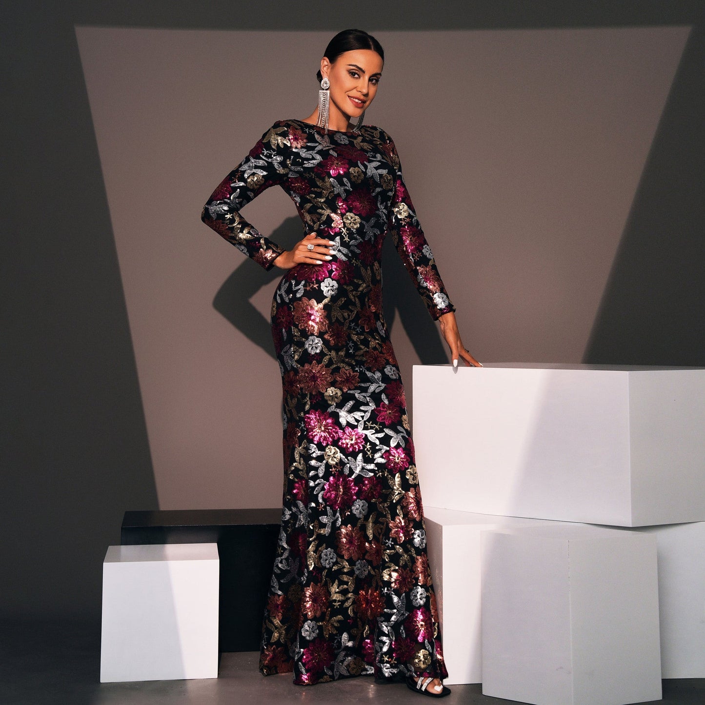Sequined Long Sleeve Evening Gown