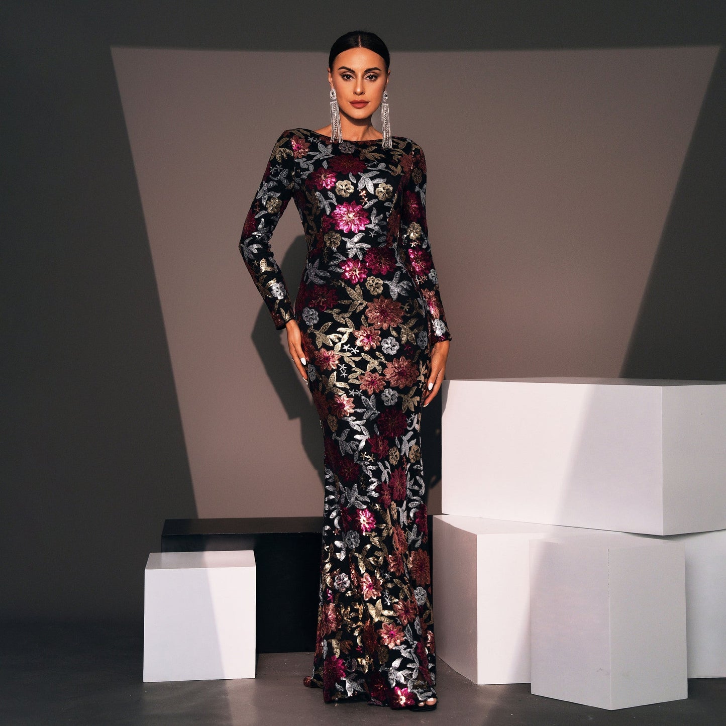 Sequined Long Sleeve Evening Gown