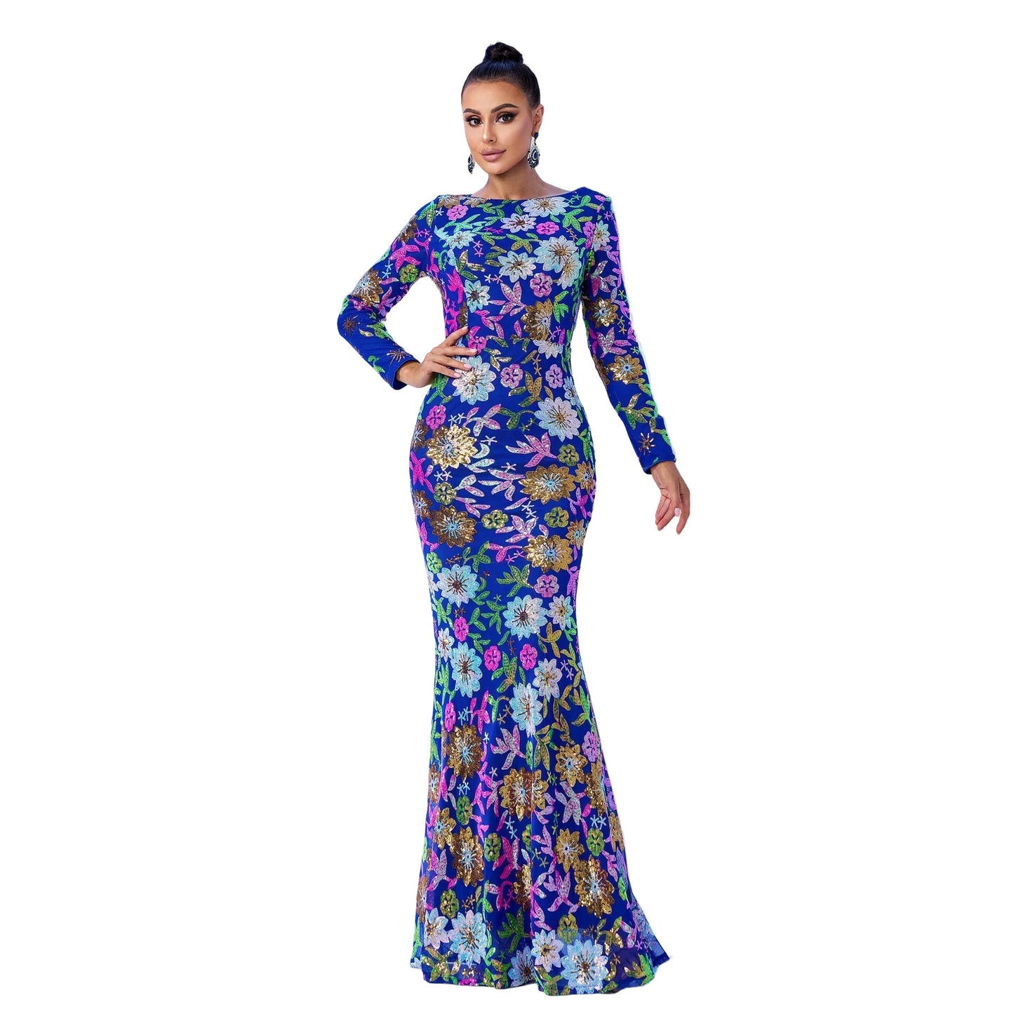 Sequined Long Sleeve Evening Gown