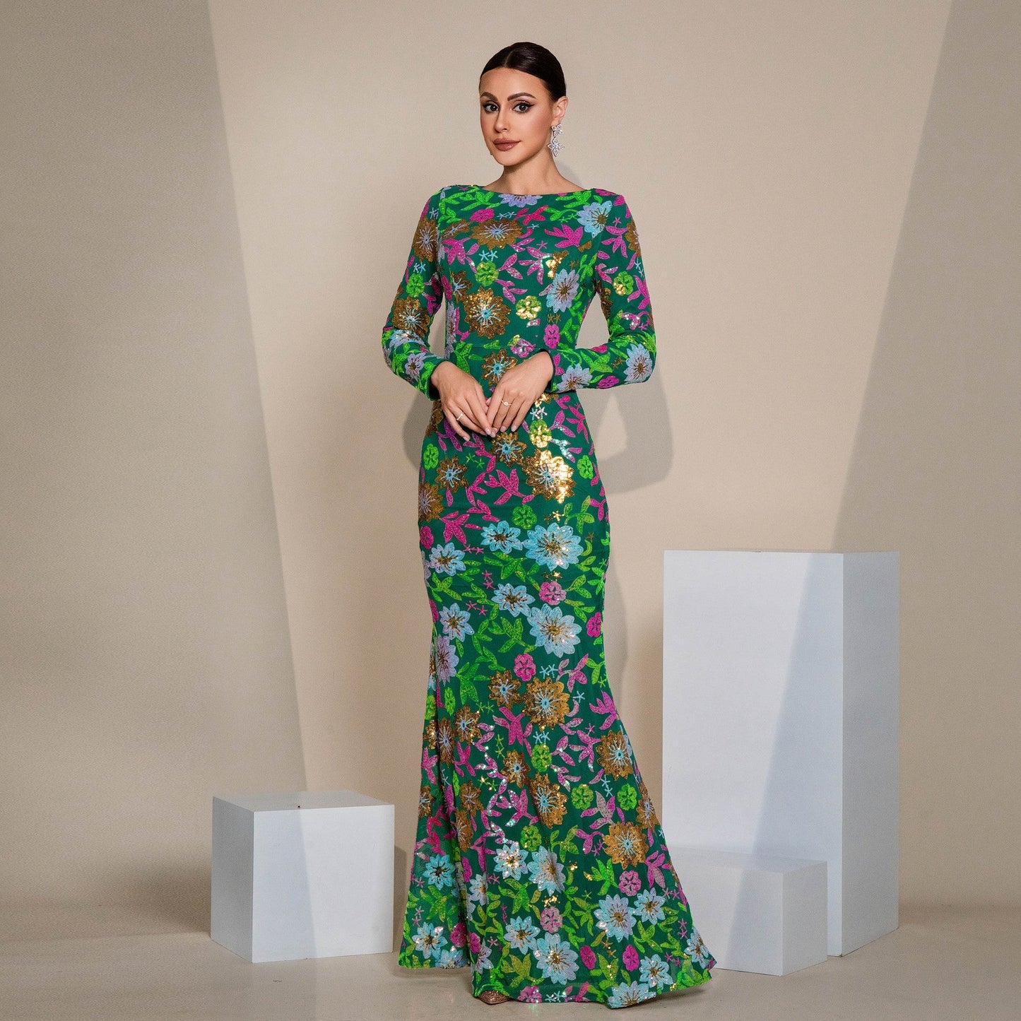 Sequined Long Sleeve Evening Gown