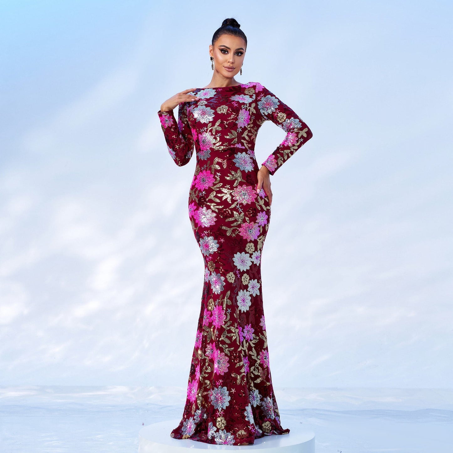 Sequined Long Sleeve Evening Gown