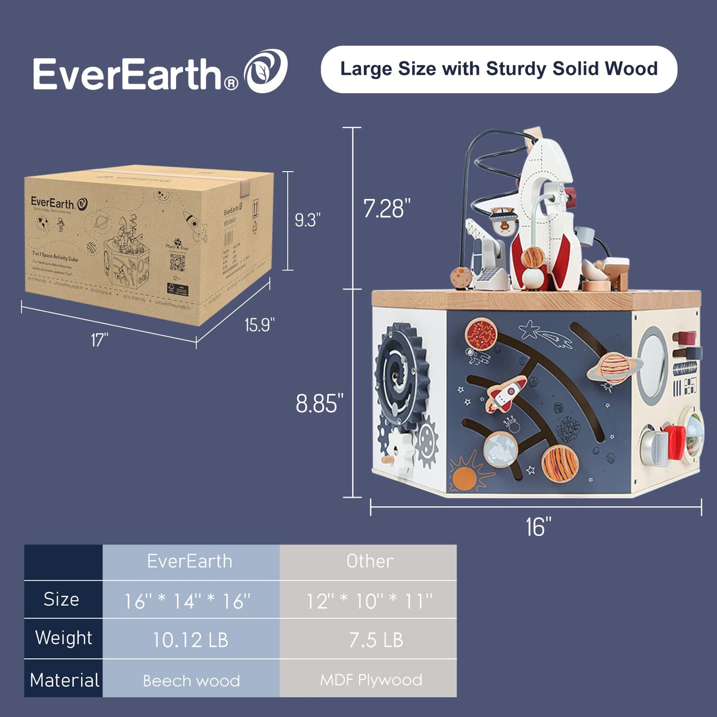 EverEarth Wooden Space Activity Cube – FSC Certified 7-in-1 Montessori Toy for Toddlers 1-3