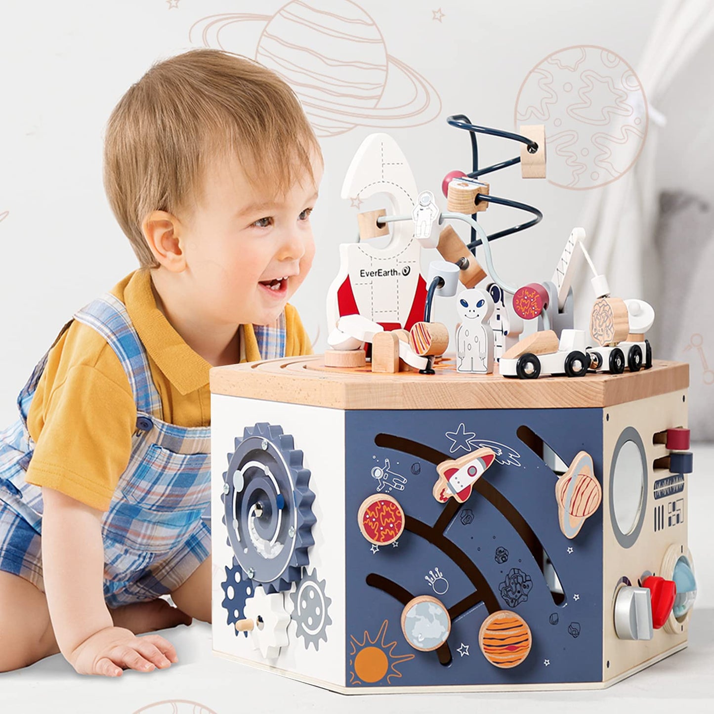 EverEarth Wooden Space Activity Cube – FSC Certified 7-in-1 Montessori Toy for Toddlers 1-3
