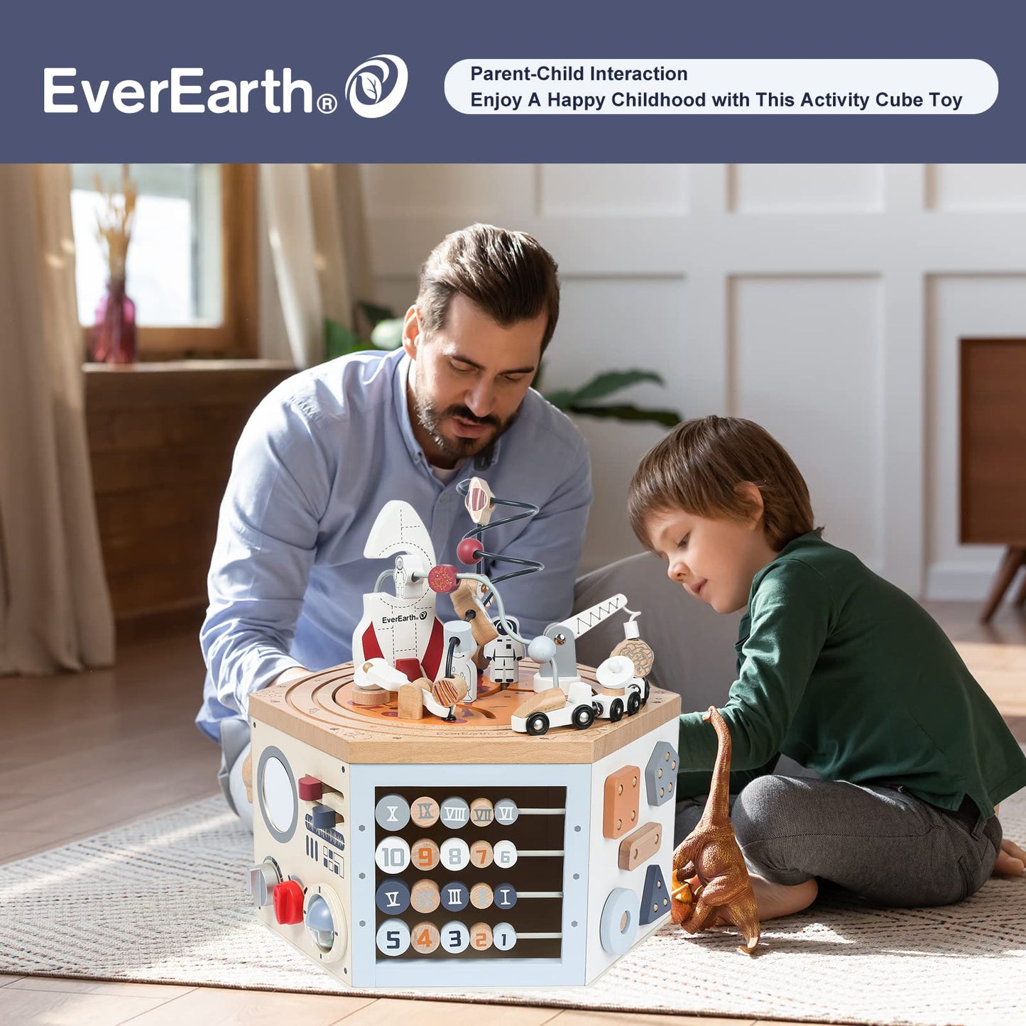 EverEarth Wooden Space Activity Cube – FSC Certified 7-in-1 Montessori Toy for Toddlers 1-3
