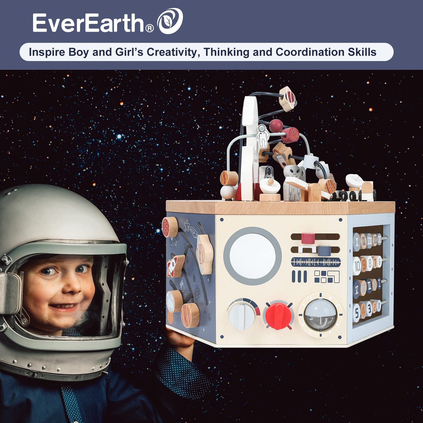 EverEarth Wooden Space Activity Cube – FSC Certified 7-in-1 Montessori Toy for Toddlers 1-3