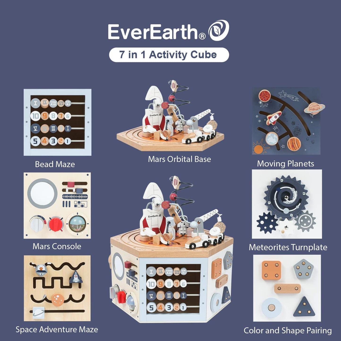 EverEarth Wooden Space Activity Cube – FSC Certified 7-in-1 Montessori Toy for Toddlers 1-3