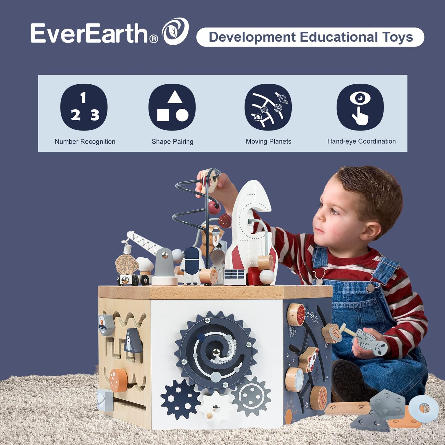 EverEarth Wooden Space Activity Cube – FSC Certified 7-in-1 Montessori Toy for Toddlers 1-3