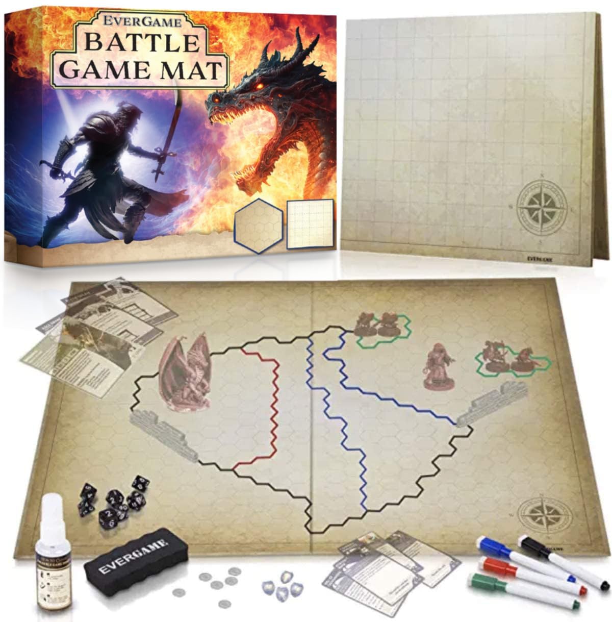 EverGame D&D Game Mat 23x27 – Double-Sided Hex & Square Grid + 7‑Pc Dice Set