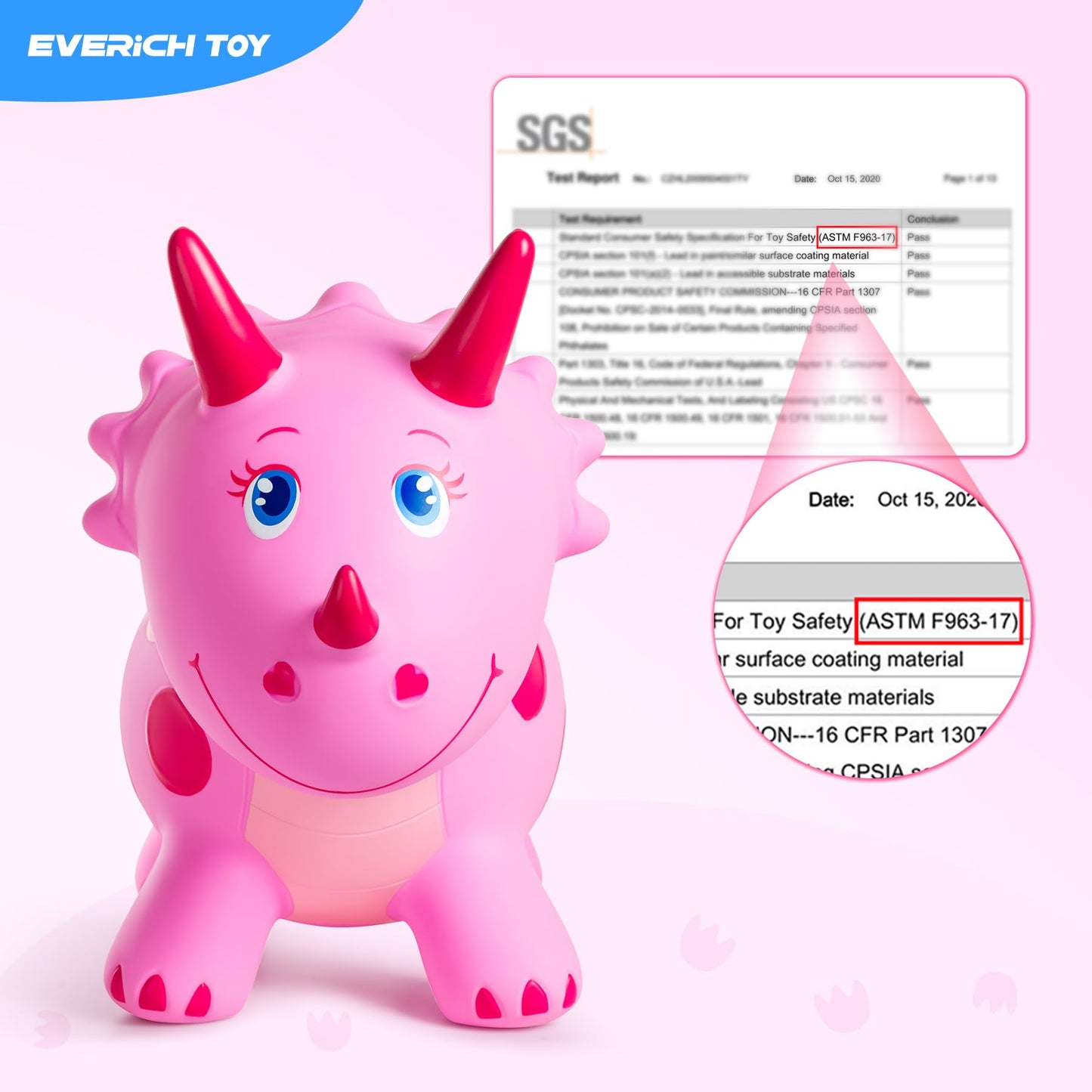 EVERICH TOY Dinosaur Bouncy Ride-On — Pink Triceratops for Kids 18 Months–6 Years