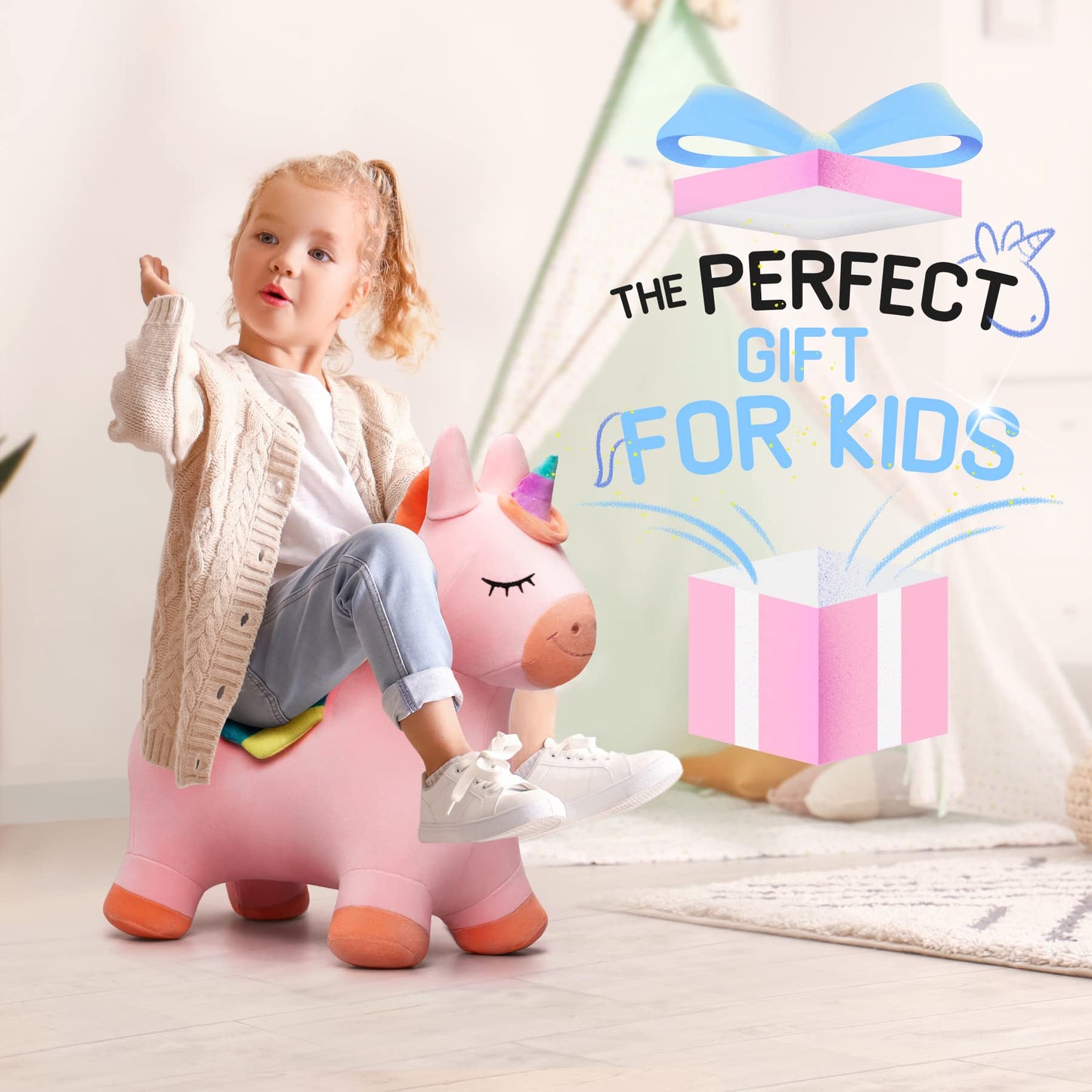 EVERICH TOY Bouncy Horse Unicorn – Inflatable Ride-On Toy for Kids 18 Months to 6 Years