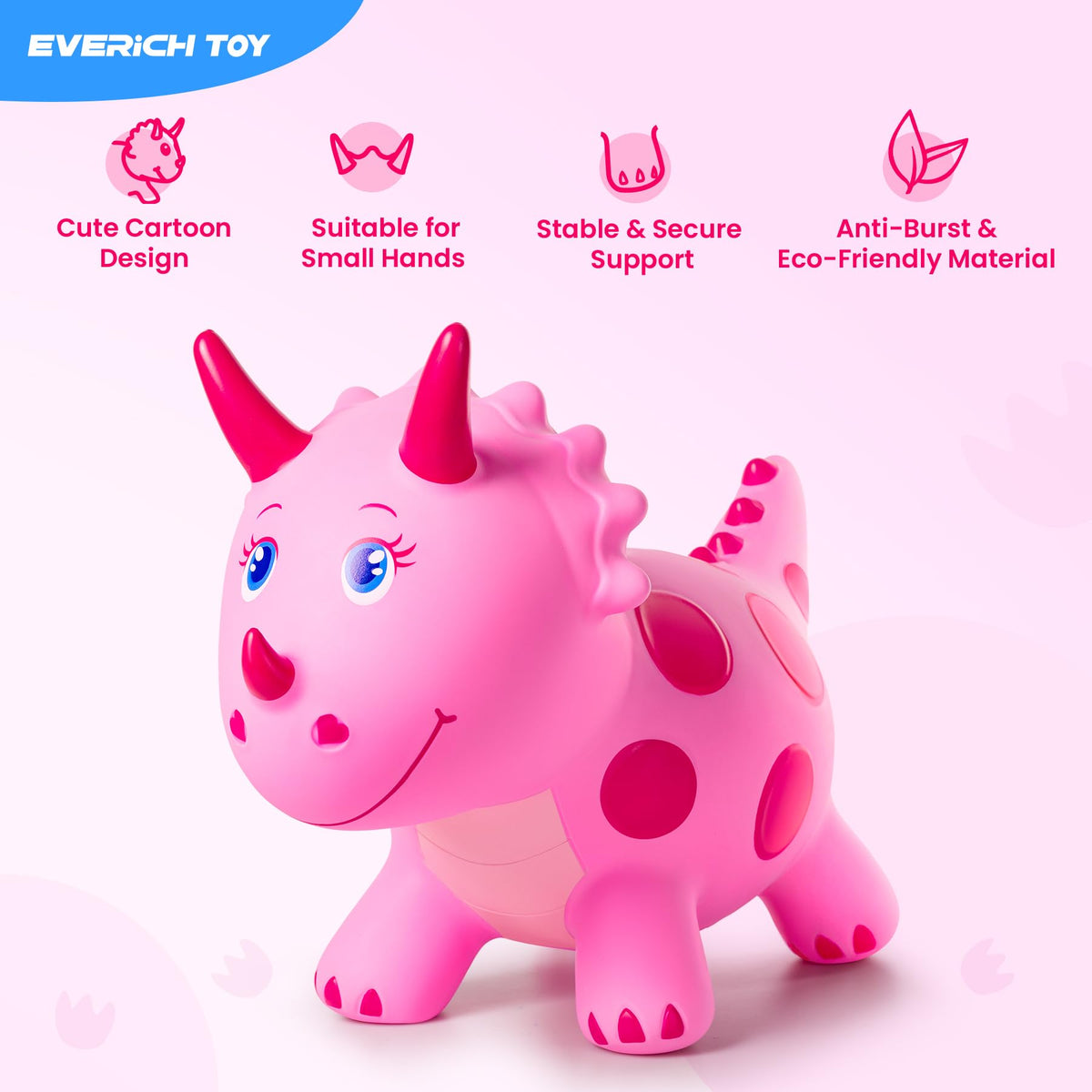 EVERICH TOY Dinosaur Bouncy Ride-On — Pink Triceratops for Kids 18 Months–6 Years