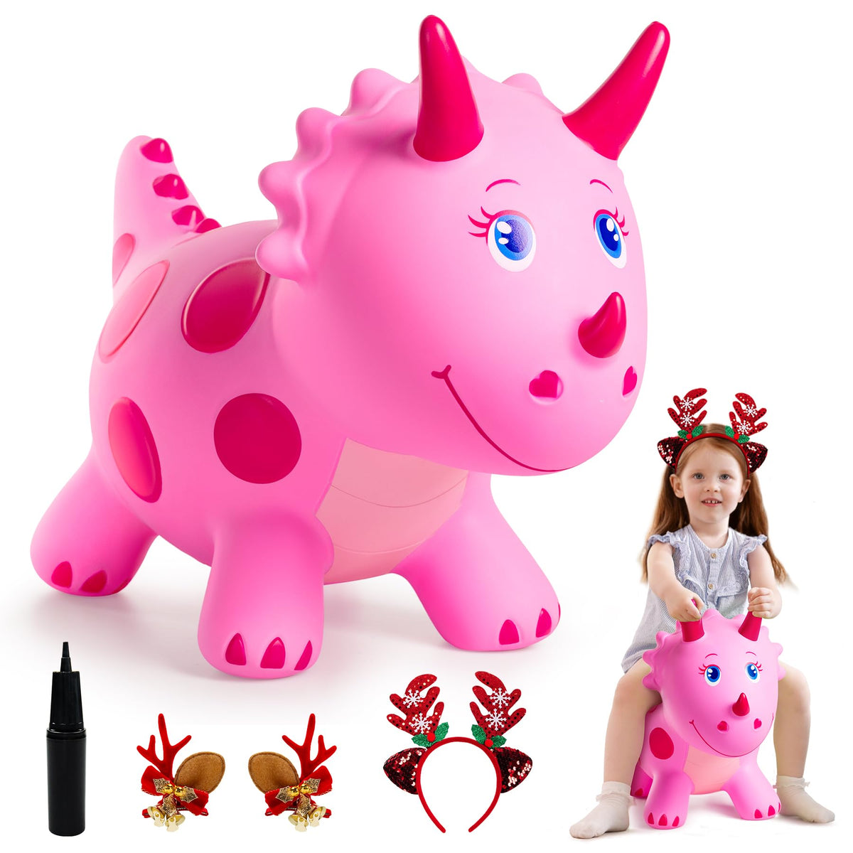 EVERICH TOY Dinosaur Bouncy Ride-On — Pink Triceratops for Kids 18 Months–6 Years